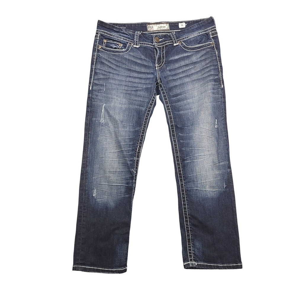 BKE Sabrina Denim Jeans Women's‎ 31 Cuff Cropped Distressed Dark Wash 34X26.5